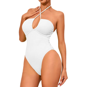 One Piece Swimsuits Fashion Solid Backless And a Strap Around The Neck