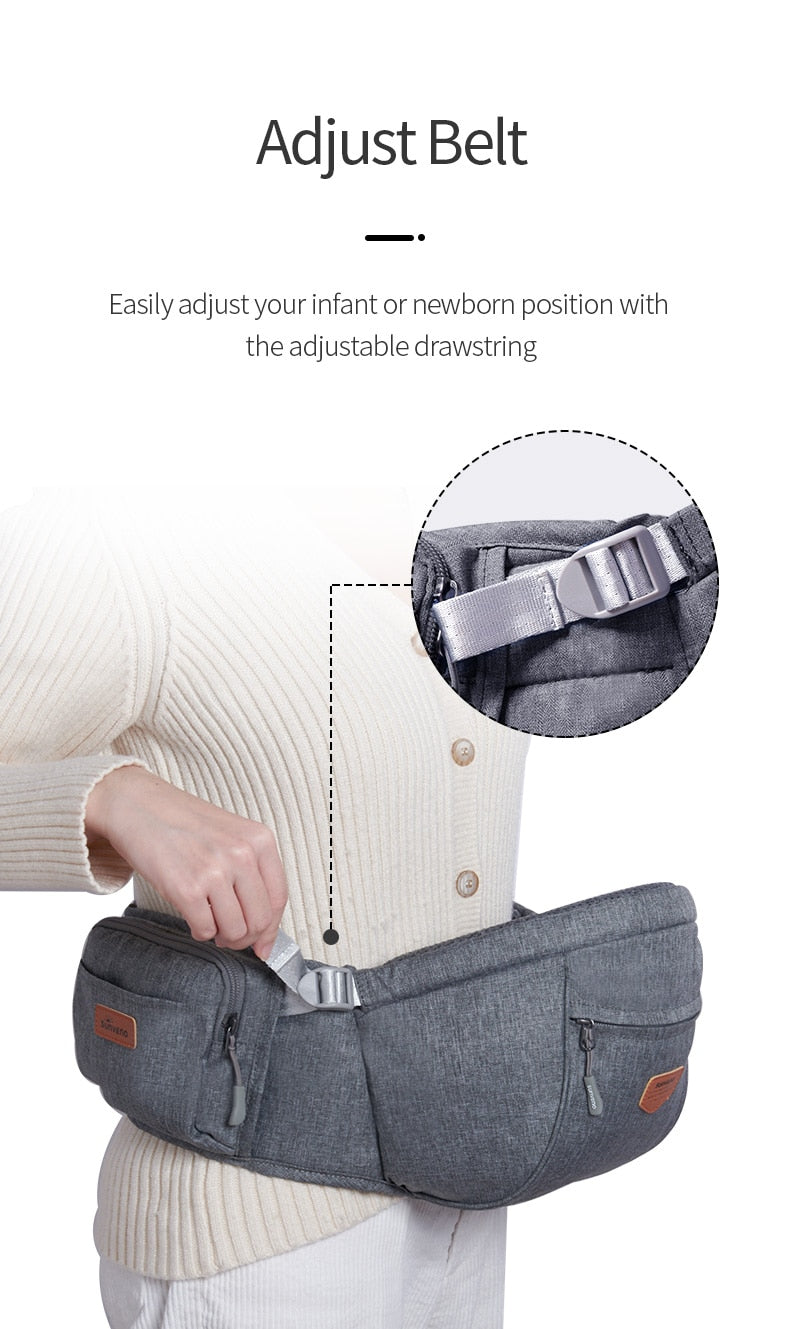 the picture shows how you can adjust the baby carrier stool's angle for best psition of your baby 