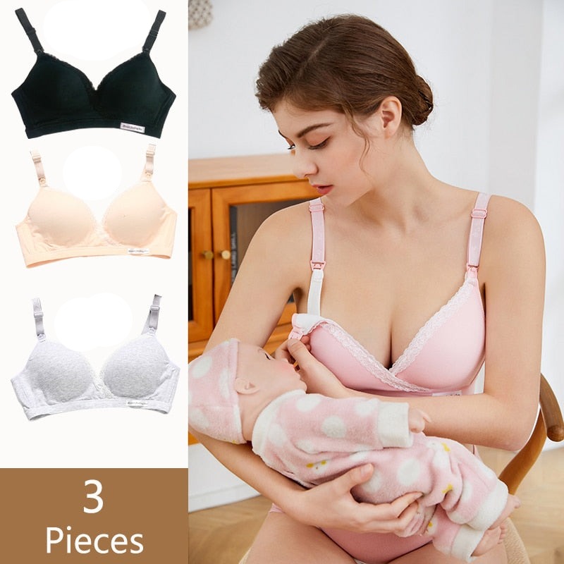 a beautiful young mom is going to nurse her baby, she's unsnapping her nursing bra using her left hand and holding her baby in her right arm. the nursing bra is sold in pack of 3, a grey, a black and a skin one.