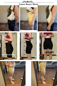 collage of 3 sets of before and after real life photos of ladies using  tummy control body shaper for flat tummy and lifted up booty