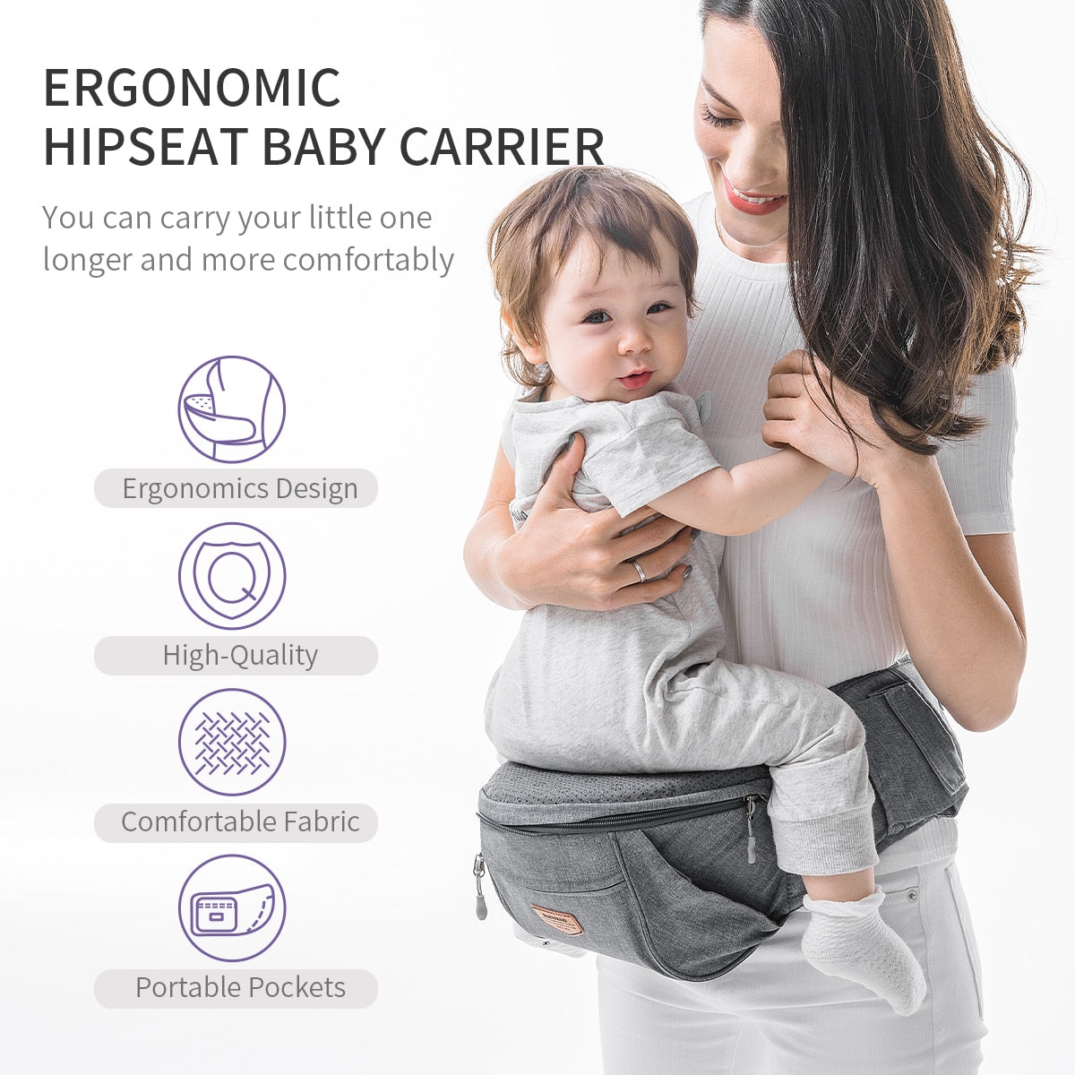 a hapy young woman hugging her little one who is sitting on a baby carrier wich helps mom reduce back load and saves her from pain. This way she can carry her baby longer without getting too tired 