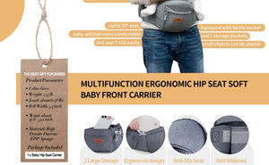 infographics presents such features of our baby carrier as practical color gray, load weight 6-48 lbs, the item is designed for parents' waist between 27.6-52.1 inches
