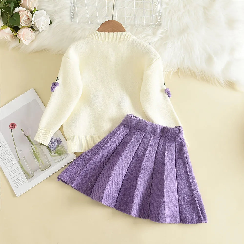 Winter Suit for Girls white knitted top and purple pleated skirt back view