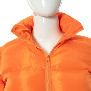 the picture is featuring beautiful stand collar of our cropped puffer color orange