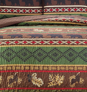 Rustic Southwestern Brown Quilt Set: Native American Grizzly Bear & Pinecone Prints, Twin Size - 2-Piece Bedspread