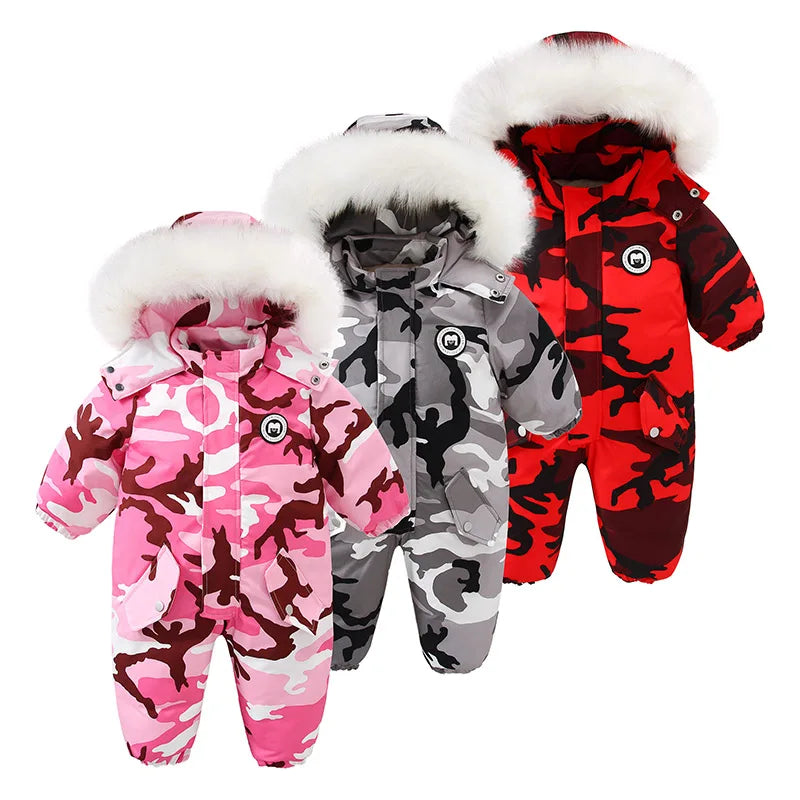 this picture is featuring baby snowsuits. One is camo gray color, the second is camo red color and the third one is camo pink
