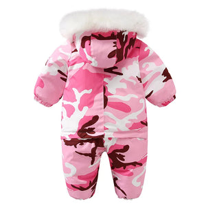 xhildren snow suit camo pink backview