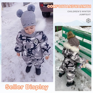 the picture is presenting 2 cute little boys wearing 18m snowsuit. they feel warm in spite of snowy weather