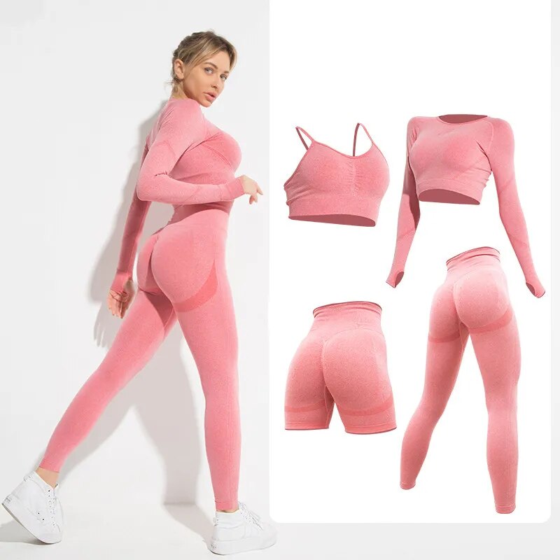 this picture is showing a side view of a beautiful young woman with gorgeous figure wearing a yoga suit color light pink. the yoga suit set consists of 4 tems: a pasta top, a long sleeve top, a pair of shorts with butt push up effect and a pair of pants with high waist to flatten your belly and butt push up effect.