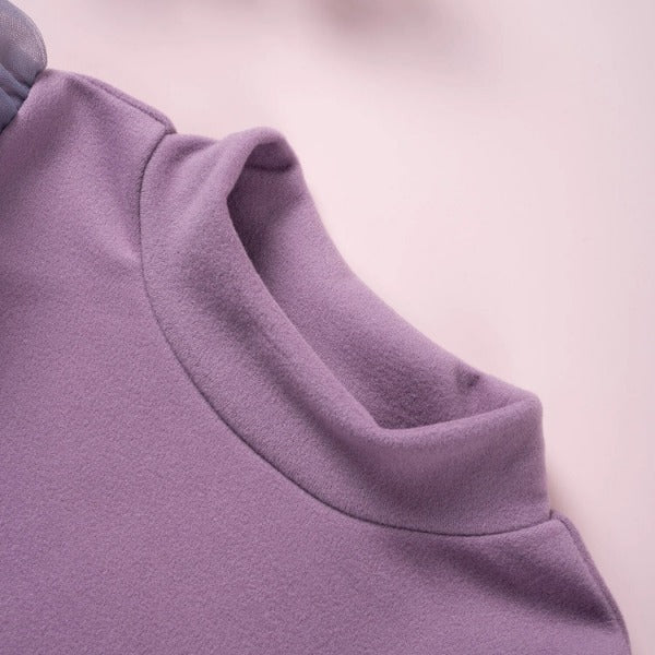 this picture is taking a closer look at stand collar of toddler girl dresses color purple