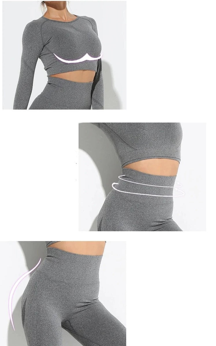 this picture is featuting 3 important details of our yoga suit: the top supports your bust, the high waist pants flatten your belly and push up your butt.