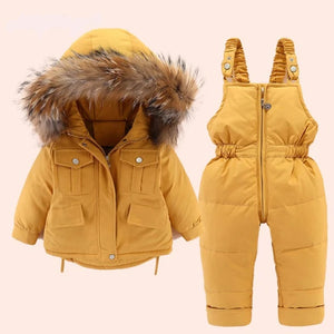 yellow Snow Toddler Puffer Jacket and Baby Winter Jumpsuit with flexible waist and removable fur