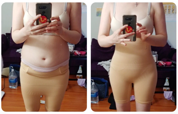 real life pictures showing bigger tummy befor and flat tummy after due to Booty Lifting Shorts - High Waist Butt | Smart Parents Store