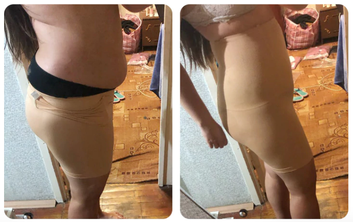 before and after pictures showing the difference between muffin shape tummy and flat tummy due to Booty Lifting Shorts - High Waist Butt | Smart Parents Store