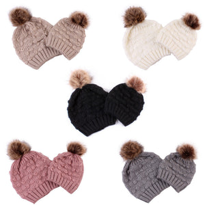 Mink Pom-Pom Knitted Matching Hats, Mom and Me, 2 Pcs/Set