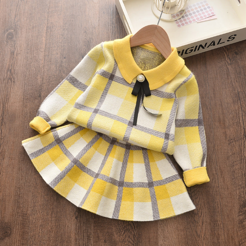 Warm Elegant Plaid Suit for Girls, Top and Skirt