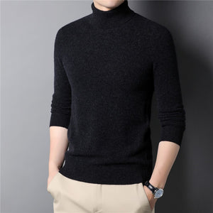 young man waering a black merino wool turtleneck sweater 