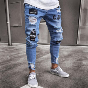 Stretchy Ripped Skinny Biker Embroidery Print Pencil Jeans