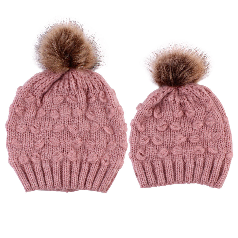 Mink Pom-Pom Knitted Matching Hats, Mom and Me, 2 Pcs/Set