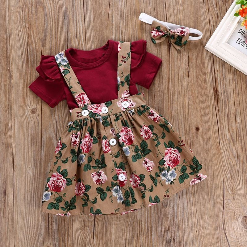 Summer Baby Girl Clothes | Romper + Floral Print Dress + Bow Headband