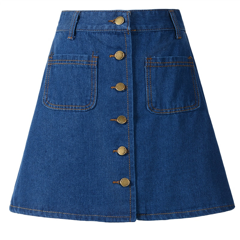 A-Line Denim Mini Skirt with High Waist, Buttons and Pockets