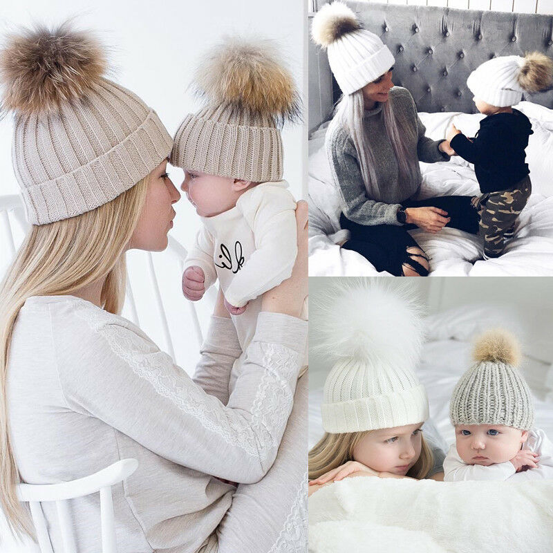 Warm Winter Pom-Pom Hat, Mom and Me, 2 Pcs/Set