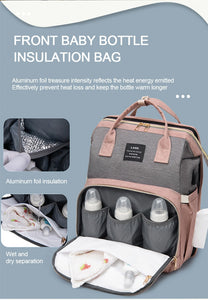 larga capacity Diaper Bag Backpack has special places for 3 baby bottles, wet and dry diapers separation, aluminium foil insulation pocket for whatever you need to keep cold or warm
