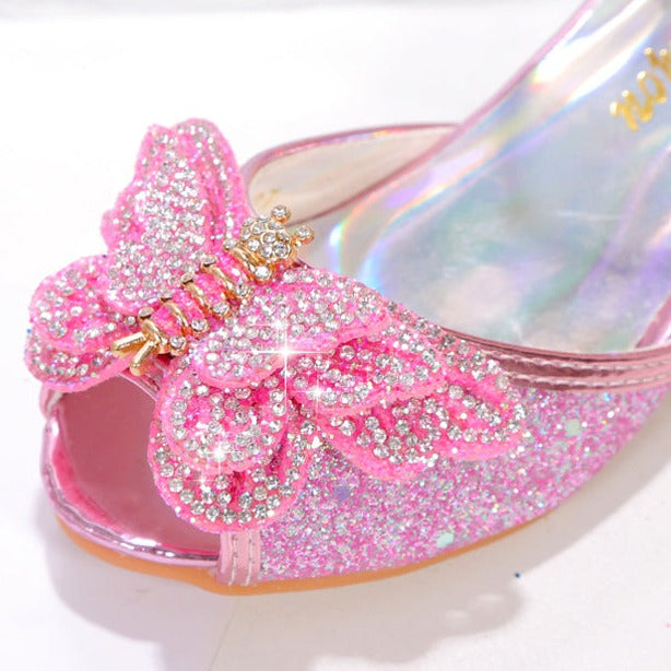 pink dress up sandals for girls with butterfly accessory