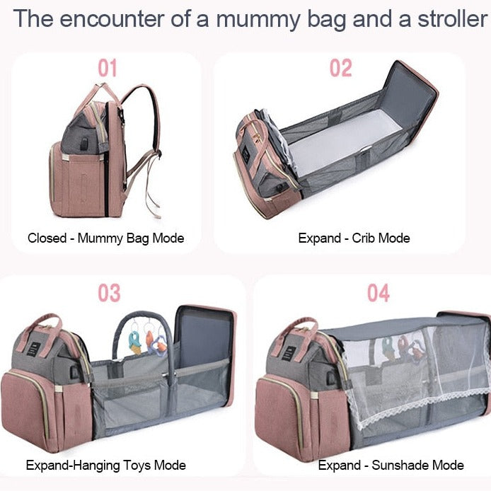 diaper bag backpack expands into baby crib with toy station sun shade and mosquito net