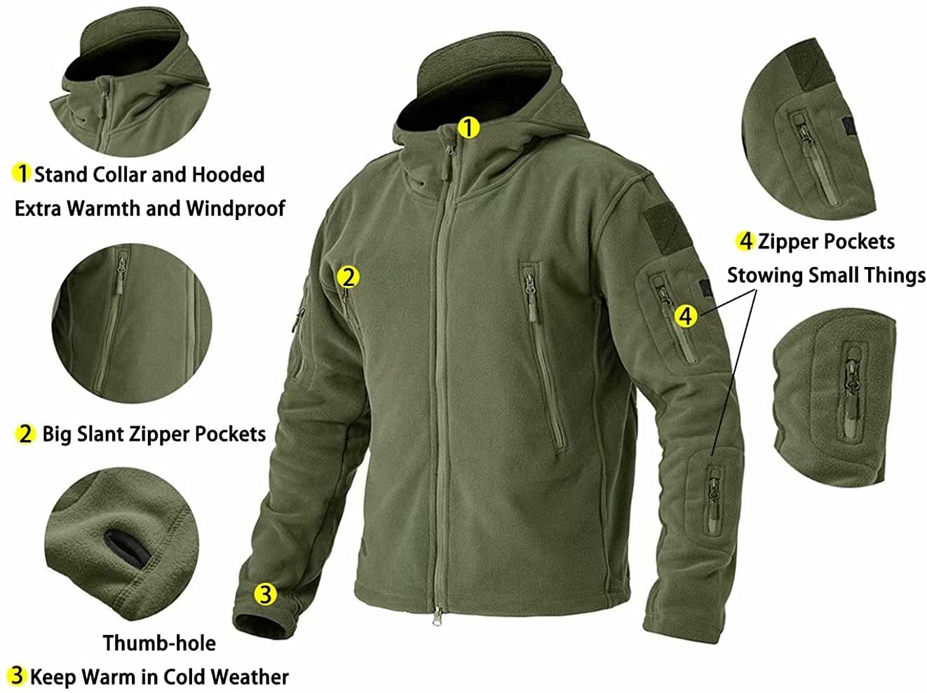 hiking fleece mens with stand collar, removable hood, 8 zipper pockets