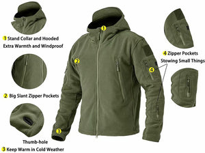 hiking fleece mens with stand collar, removable hood, 8 zipper pockets