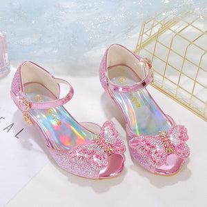 pink sparkling dress up sandals for girls 4-12 years old with cute butterfly bow knott