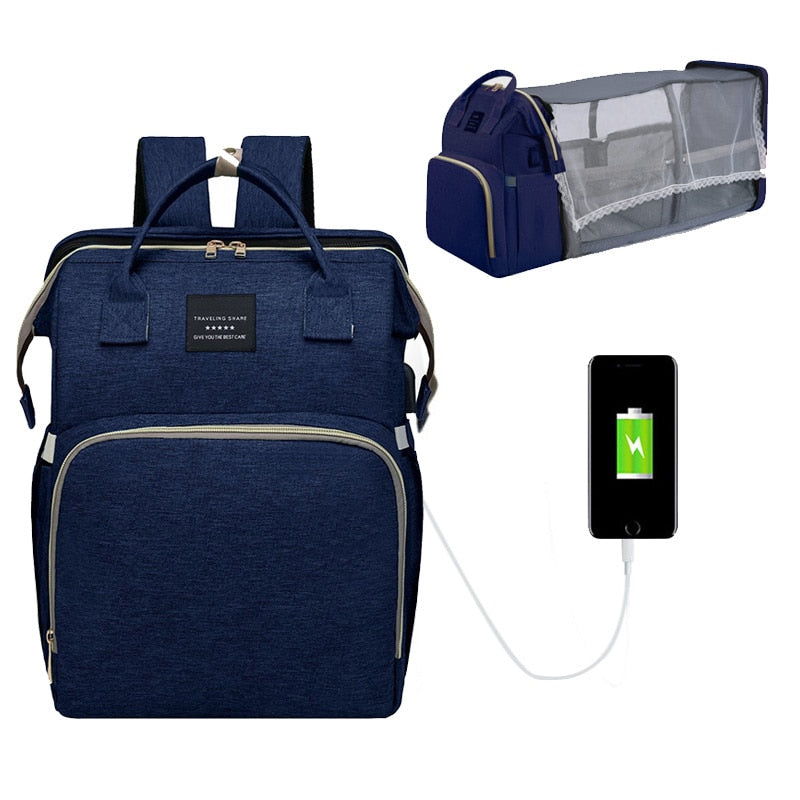 upgraded Diaper Bag Backpack with usb output transforms into a changing mat colour blue