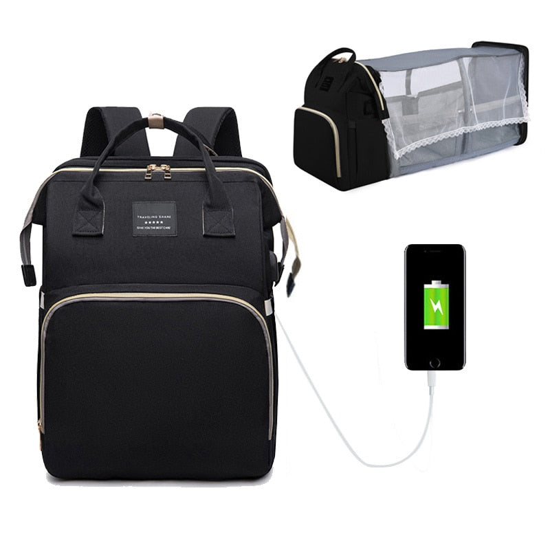 Diaper Bag Backpack with usb output transforms into a changing mat colour black