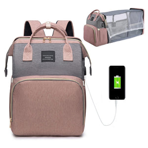 Diaper Bag Backpack with usb output transforms into a changing mat colour gray and pink