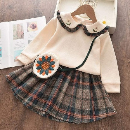 Warm Plaid Suit for Girls, Top and Skirt, Long Sleeve