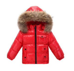 Red Down Coat front view on a white background