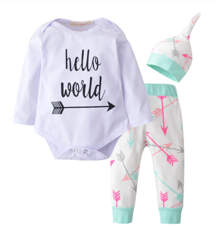 Baby Clothing Sets Cotton Printed Long Sleeved T-shirt+Pants+Cap, 3Pcs Suit
