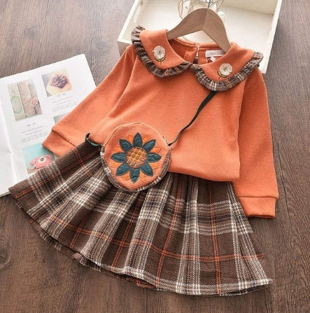 Warm Plaid Suit for Girls, Top and Skirt, Long Sleeve