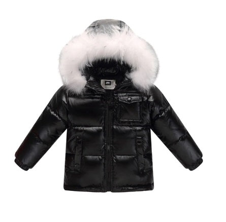 black winter jacket for 4 year old with white fur on the hood