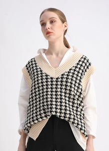 Fashion Oversized V-Nack Houndstooth Knitted Vest Vintage Sleeveless