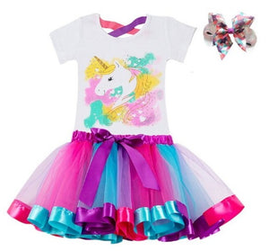 Unicorn T-Shirt, Rainbow Ballet Skirt and Hair Bow, 3 Pcs COMBO