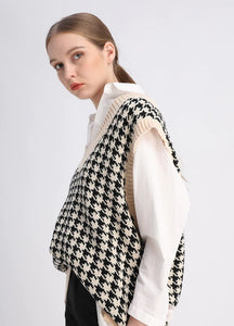Fashion Oversized V-Nack Houndstooth Knitted Vest Vintage Sleeveless