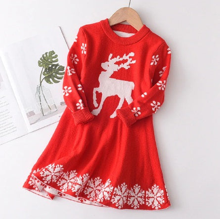Winter Warm Deer Dress for Girls, Long Sleeve