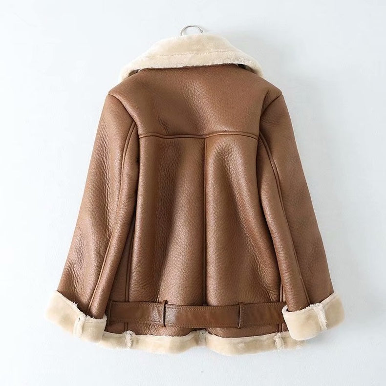 Fur Long Sleeved Loose Belt Warm Women's Jacket Lamb Wool Winter