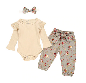 Baby Girl Clothing Sets Cotton Printed Long Sleeved Top+ Pants+ Headband, 3Pcs Suit
