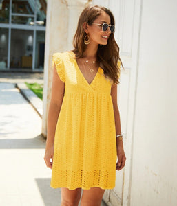 Solid Hollow Out Lace Short V-Neck Butterfly Sleeve Casual Loose Dress
