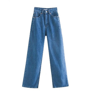 Premium High Waist Overlength Pockets Zipper Wide Leg Denim Pants