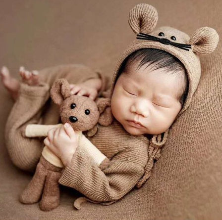 Newborn Photography Props, Knitted Cotton Jumpsuit, Hat, Mouse Doll, 3 Pcs Set