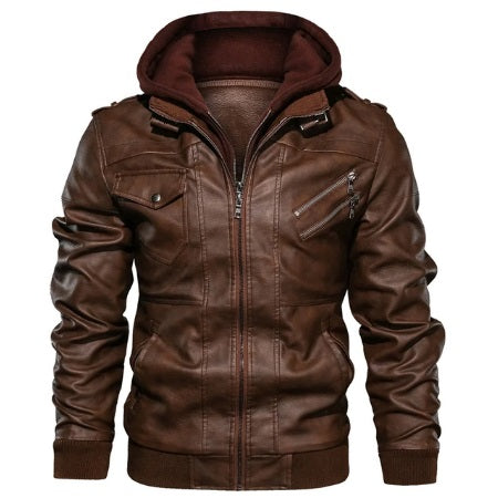 New Men's Casual Biker Jacket, Faux Leather & Suede, Removable Hood